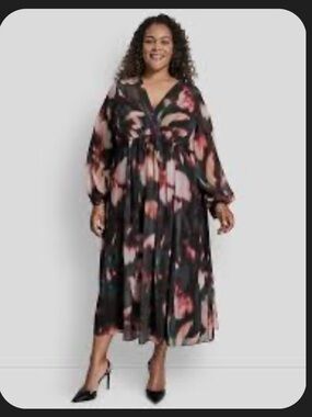 NWT DKNY Watercolor Long Sleeve Empire Waist Midi Dress 18W